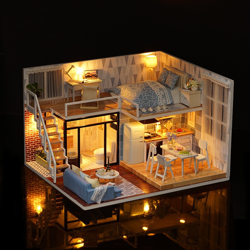 Mô hình nhà búp bê DIY Doll House Miniature_ BLUE TIMES _Tặng TẤM CHE BỤI + KEO