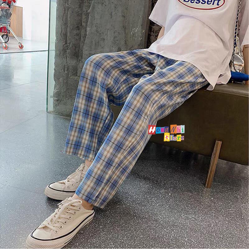 Quần Caro Dài Ống Rộng Lưng Cao Chun Thun Dáng Rộng Nam Nữ Unisex Culottes Ulzzang - MM