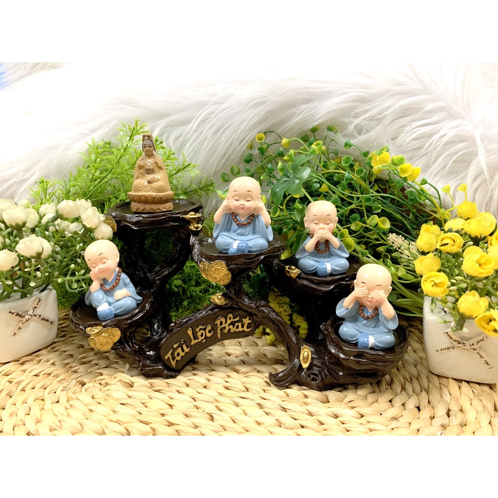 Full Set Quan Âm Bồ Tát và các Chú Tiểu tọa đế Tài Lộc Phát (Hình Thật)