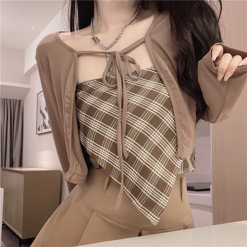 Set đồ COZOKC gồm áo ống và áo khoác cardigan tay dài thời trang cho nữ