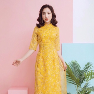 Áo dài hoa nhí 4 tà ( chưa quần)- áo dài truyền thống