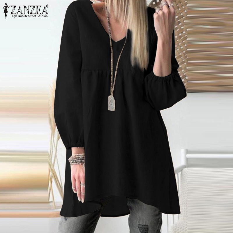 Áo ZANZEA tay phồng cổ chữ v màu trơn thời trang cho nữ