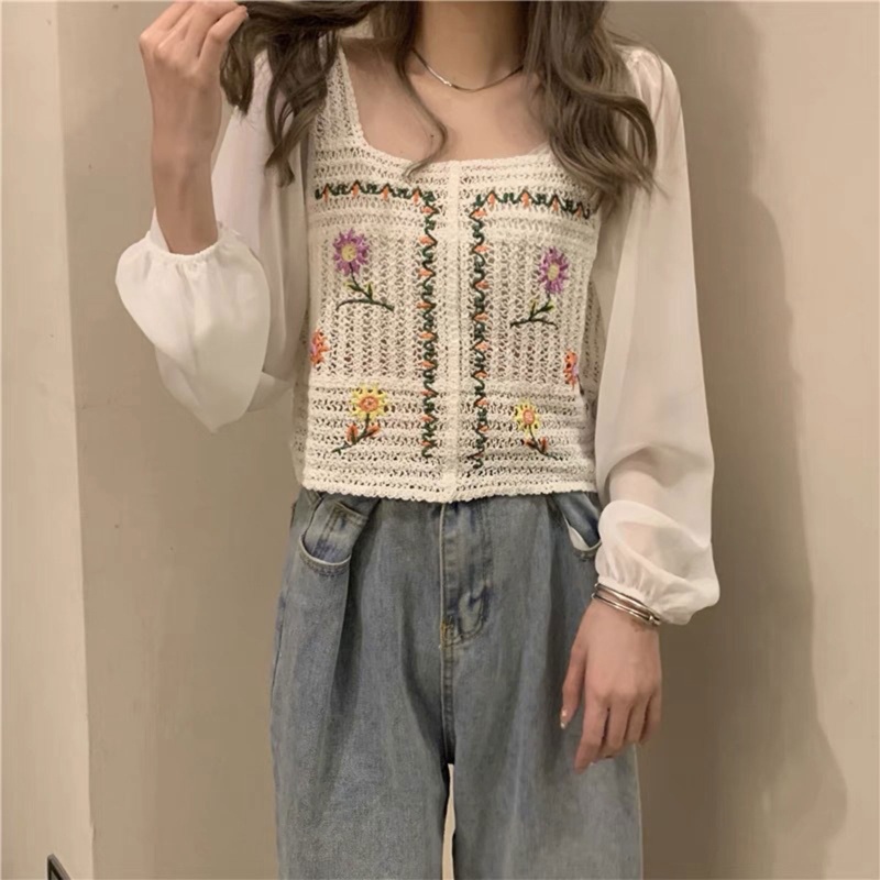 Áo Sweater Dệt Kim Vải Voan Tay Phồng Cổ Vuông Thêu Hoa Kiểu Pháp Xinh Xắn Cho Nữ
