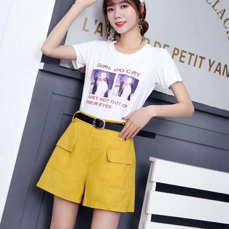 Quần short cotton ống rộng lưng cao màu trơn cho nữ