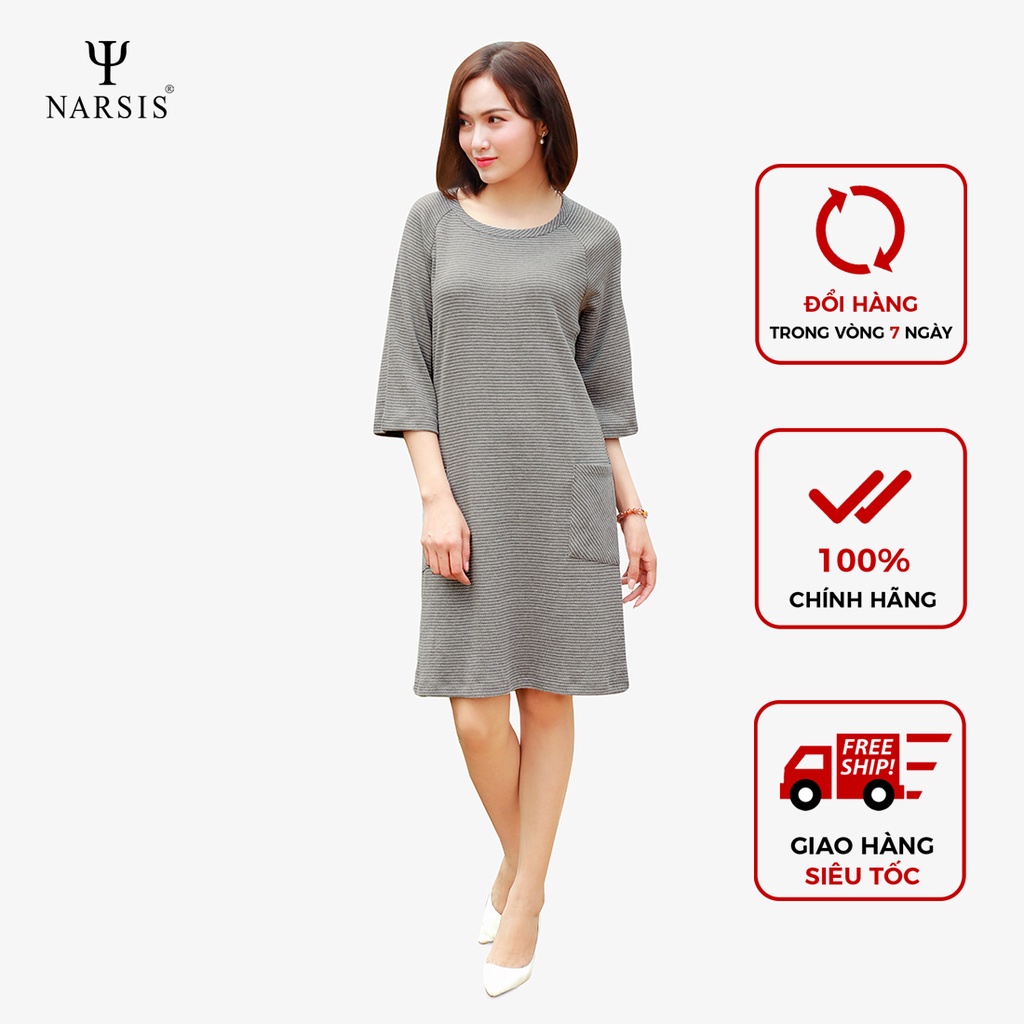 Váy nữ thu đông Narsis B8016 len màu ghi kẻ trắng