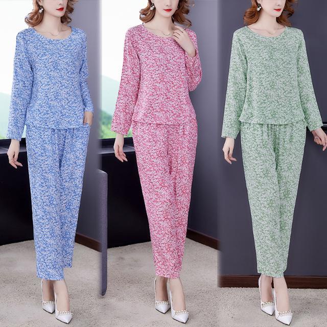 Bộ Đồ Ngủ Lụa Cotton Tay Dài Dáng Rộng In Họa Tiết Hoa Lá Thời Trang Xuân Hè Cho Nữ Trung Niên