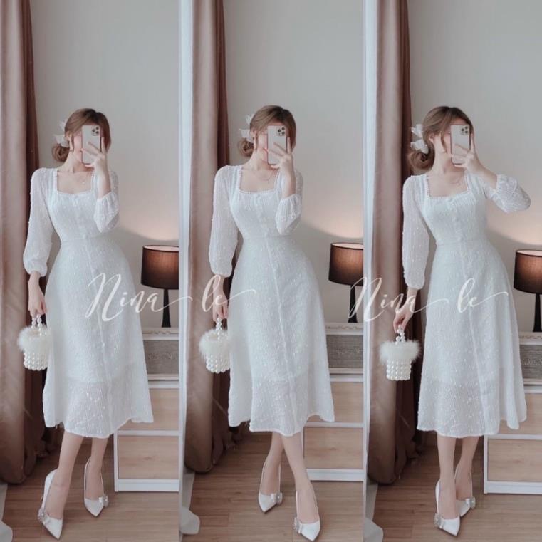 VÁY đầm trắng ren CỔ U ĐÍNH CÚC NGỌC CỔ REN HAI LỚp dáng A dài maxi tay bồng sang chảnh công sở đi làm .