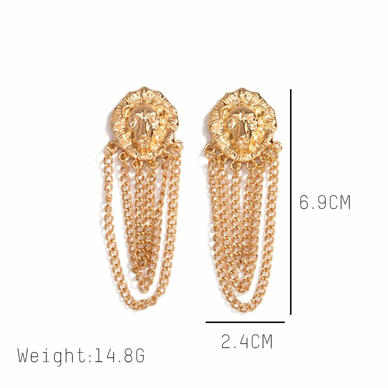 Bông Tai Kim Loại Hình Đầu Sư Tử Phối Dây Xích Dáng Dài Phong Cách Hip Hop Thời Trang Cho Nữ