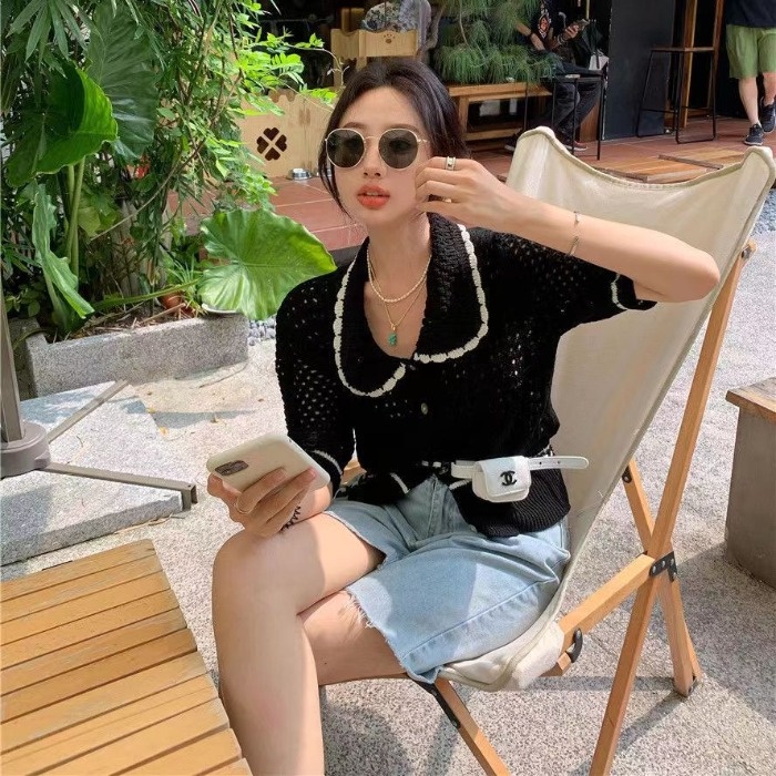 Áo cardigan dệt kim ZHELIHANGFEI tay ngắn cổ búp bê dáng rộng thời trang dễ thương xinh xắn cho nữ