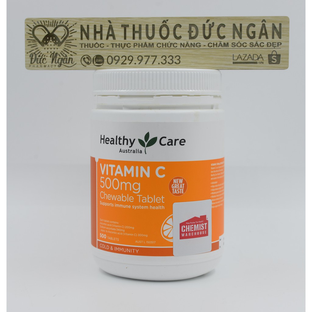 Vitamin C [Úc] HeathyCare Vitamin C 500mg - Siêu to 500 viên - tăng cường sức đề kháng