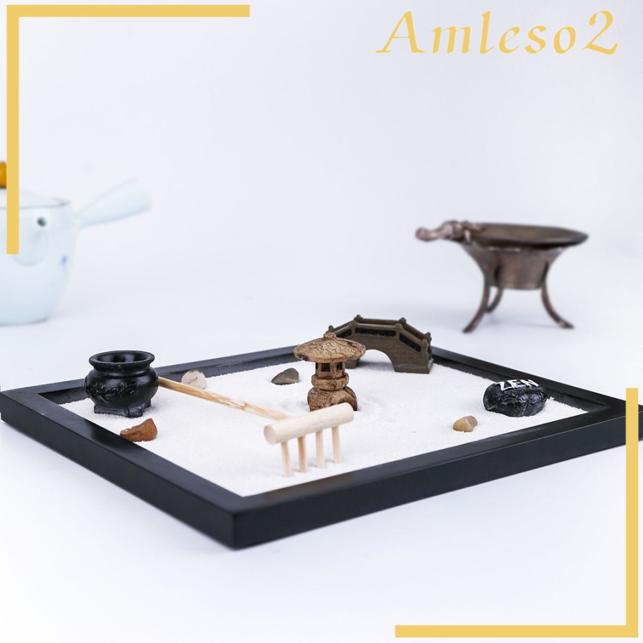 Wooden Beach Zen Garden Mini Desktop Sandbox Tray Handcrafts for Relaxation