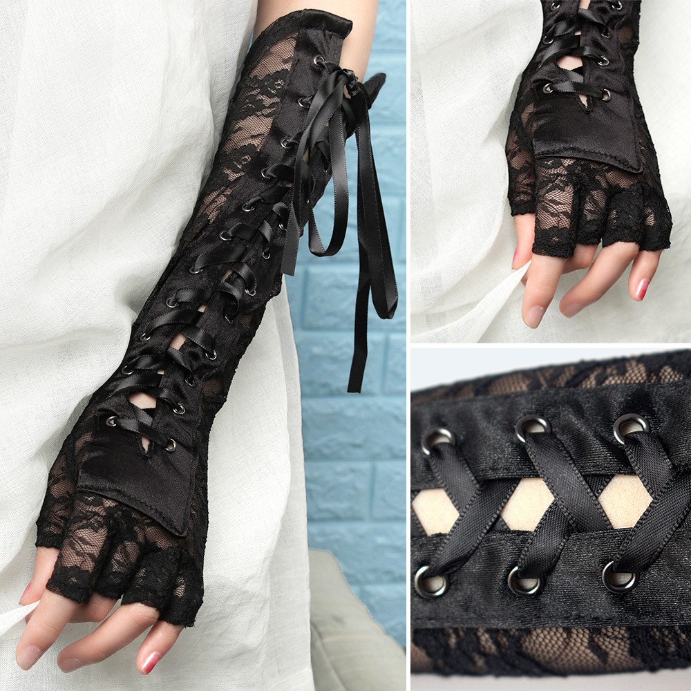 MIHAN1 1 Pair Women Halloween Gloves Night Club Lace Gloves Punk Gothic Mittens Party Cosplay New Fashion Long Ritual Dance Fingerless Silk Ribbon