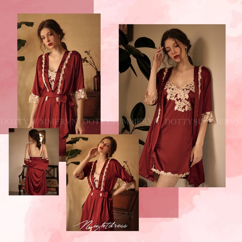 [Cao Cấp] Đầm &amp; Choàng Ngủ Lụa Satin Viền Ren Nổi Sang Trọng &amp; Quyến