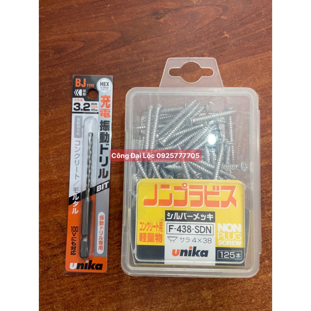 Combo 1 hộp Vít bắt tường, bê tông không dùng tắc kê nhựa + mũi khoan mồi BJ3.2 UNIKA