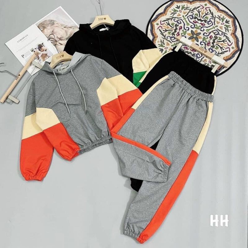 Set quần áo umi da cá dáng thể thao áo hoodie dài tay mix quần cạp chun BCi