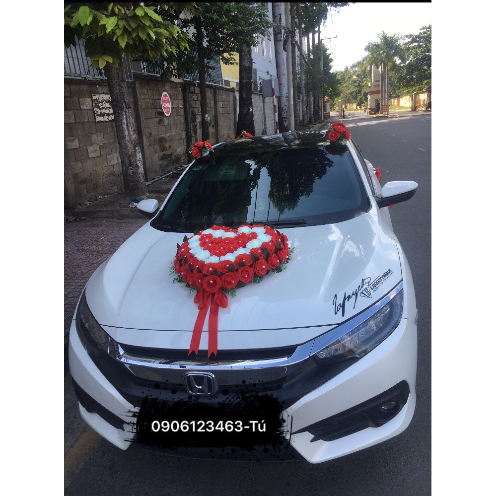 Bộ hoa cưới trang trí xe hơi mẫu hình trái tim đế nam châm( hoa hồng đỏ, trắng ), cam kết hình thật 100%