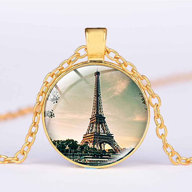 Hot selling Eiffel Tower time gem necklace alloy glass pendant fashion jewelry sweater chain batch