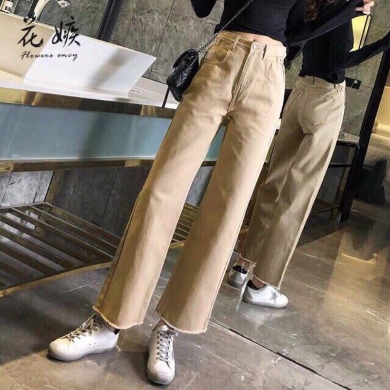 Quần jean ống suông màu kaki nâu be chất co giãn