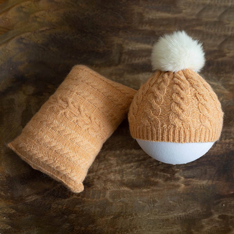 Bộ Phụ Kiện Chụp Ảnh Gồm Mũ Beanie Và Gối Dệt Kim Cho Bé Sơ Sinh