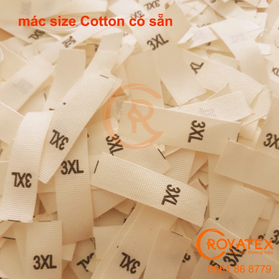 50c Mác size in chất liệu cotton, mác in sẵn size tiêu chuẩn S M L XL 2XL 3XL, in rõ sáng đẹp