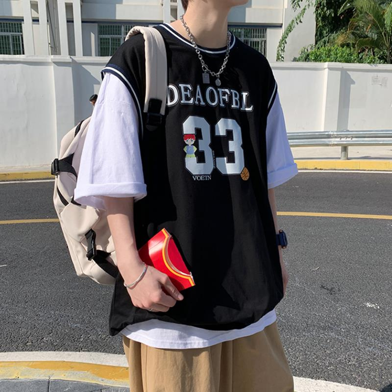 Áo thun nam tay ngắn giả hai lớp phong cách Hồng Kông thời trang mùa hè mới năng động