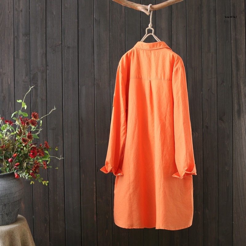 Áo Sơ Mi Lanh Cotton Dài Qua Gối Dáng Rộng Thêu Họa Tiết Phong Cách Mùa Thu Mới Cho Nữ