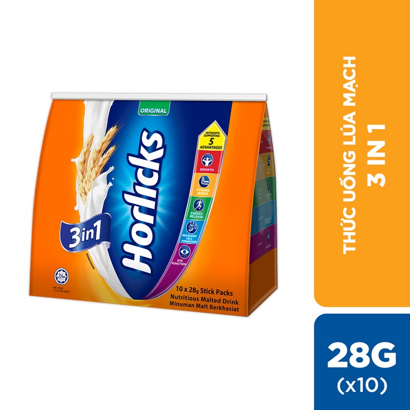 [Mã COSUI5 giảm 8% đơn 150K] Thức uống lúa mạch 3 trong 1 Horlicks - Nguyên vị (28g x 10 gói)