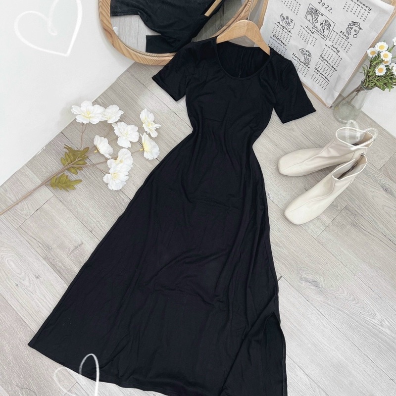 Đầm maxi cổ tròn tay ngắn xẻ tà dáng xoè, váy nữ dáng dài xuất xịn