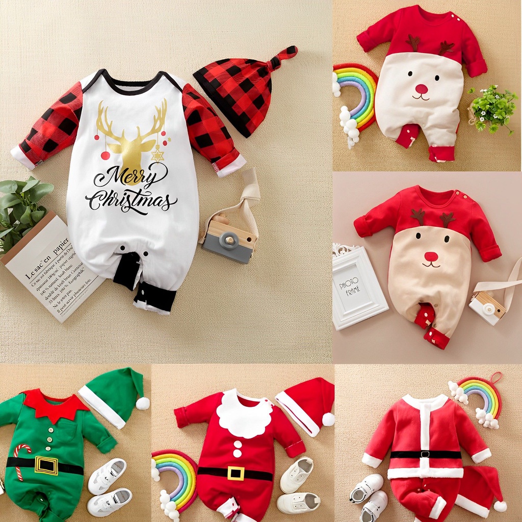 Christmas Newborn Baby Elf Bodysuit Santa Claus Hat Cosplay Costume Outfit Set gift