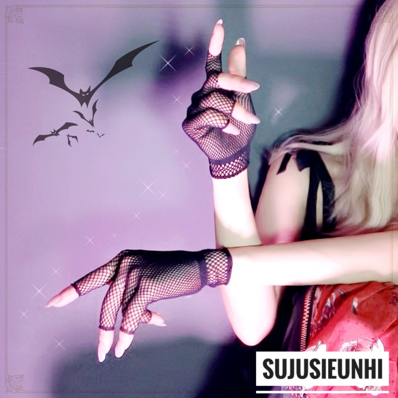 (2 màu) 1 đôi găng tay lưới viền ngắn tới cổ tay hở nửa ngón co giãn phong cách gothic