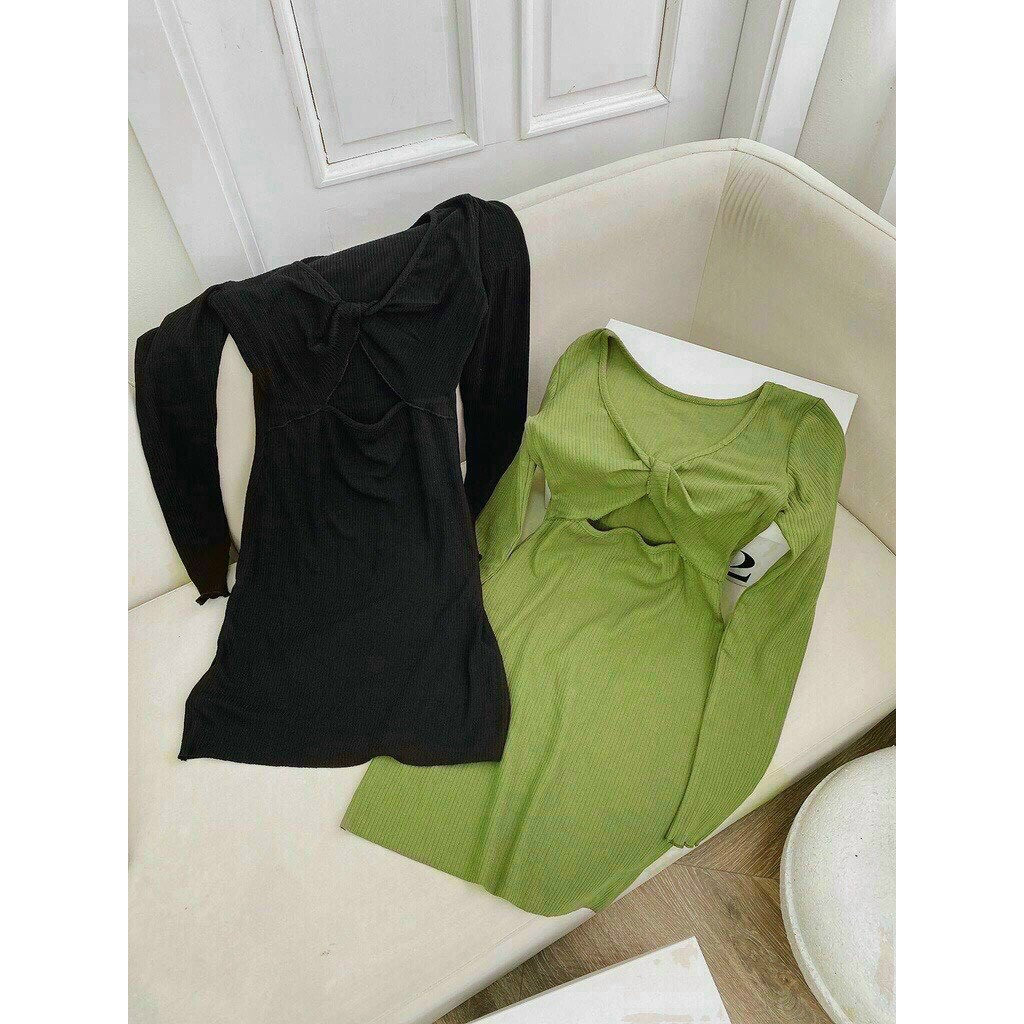 Đầm xoắn ngực dài tay thun gân ôm body