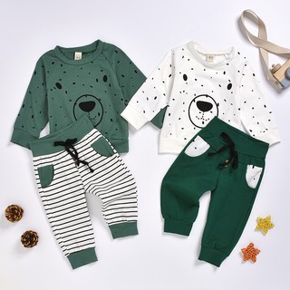 Bộ áo nỉ có mũ + quần dài in hình gấu cho bé trai