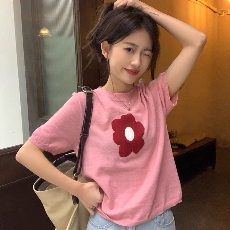 Áo thun COZOKC dệt kim tay ngắn dáng ôm in họa tiết hoa thời trang mùa hè cho nữ