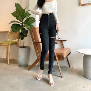 Jeans dài nữ lưng cao co giãn rách pt