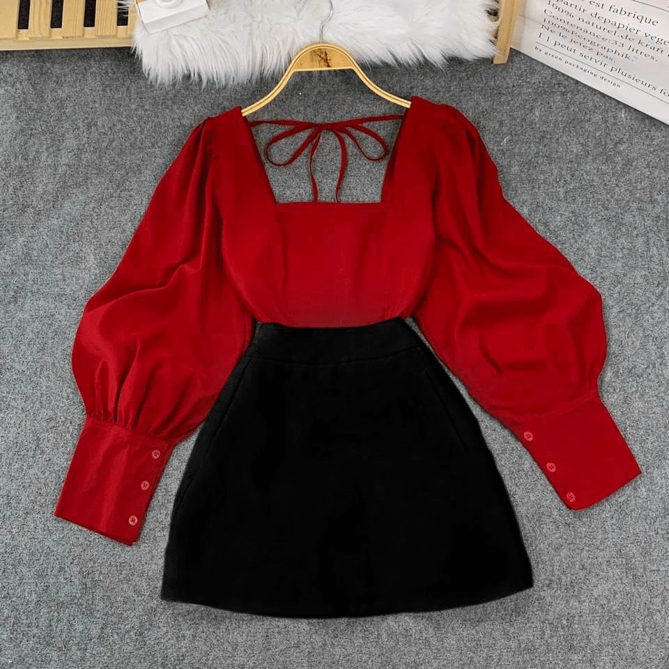 SÉT ÁO PHỐI CHÂN VÁY TAY DÀI CỔ VUÔNG CHẤT FORD LỊCH THIỆP PU