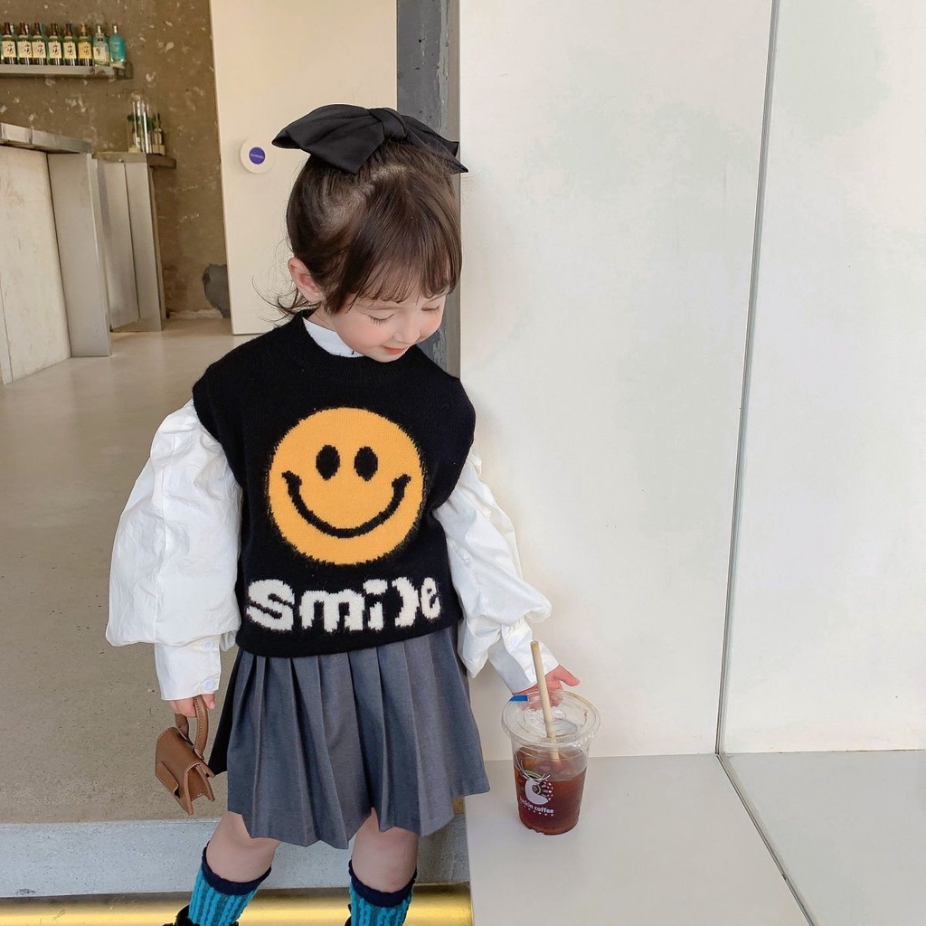 Áo Sweater Không Tay Hình Mặt Cười Dễ Thương Cho Bé Gái
