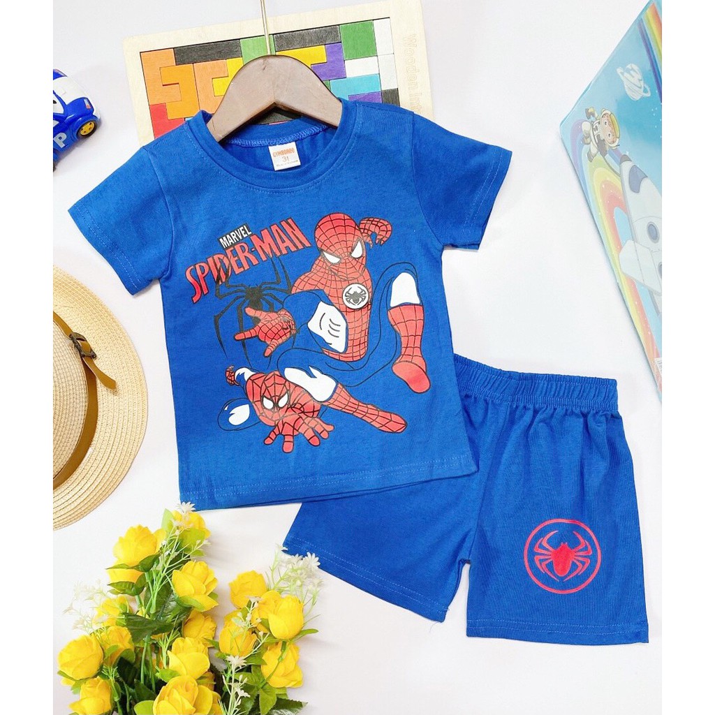 Bộ cộc tay cotton in hình siêu anh hùng cho bé trai 8kg đến 22kg