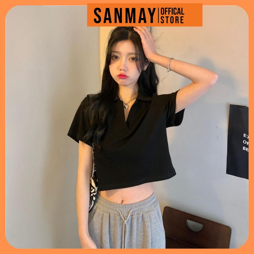 Áo Croptop Kiểu Nữ Ôm Body SANJOLI Polo có cổ sơ mi thun Tay Ngắn Form Rộng sexy Cá tính thể thao màu trắng đen AO018