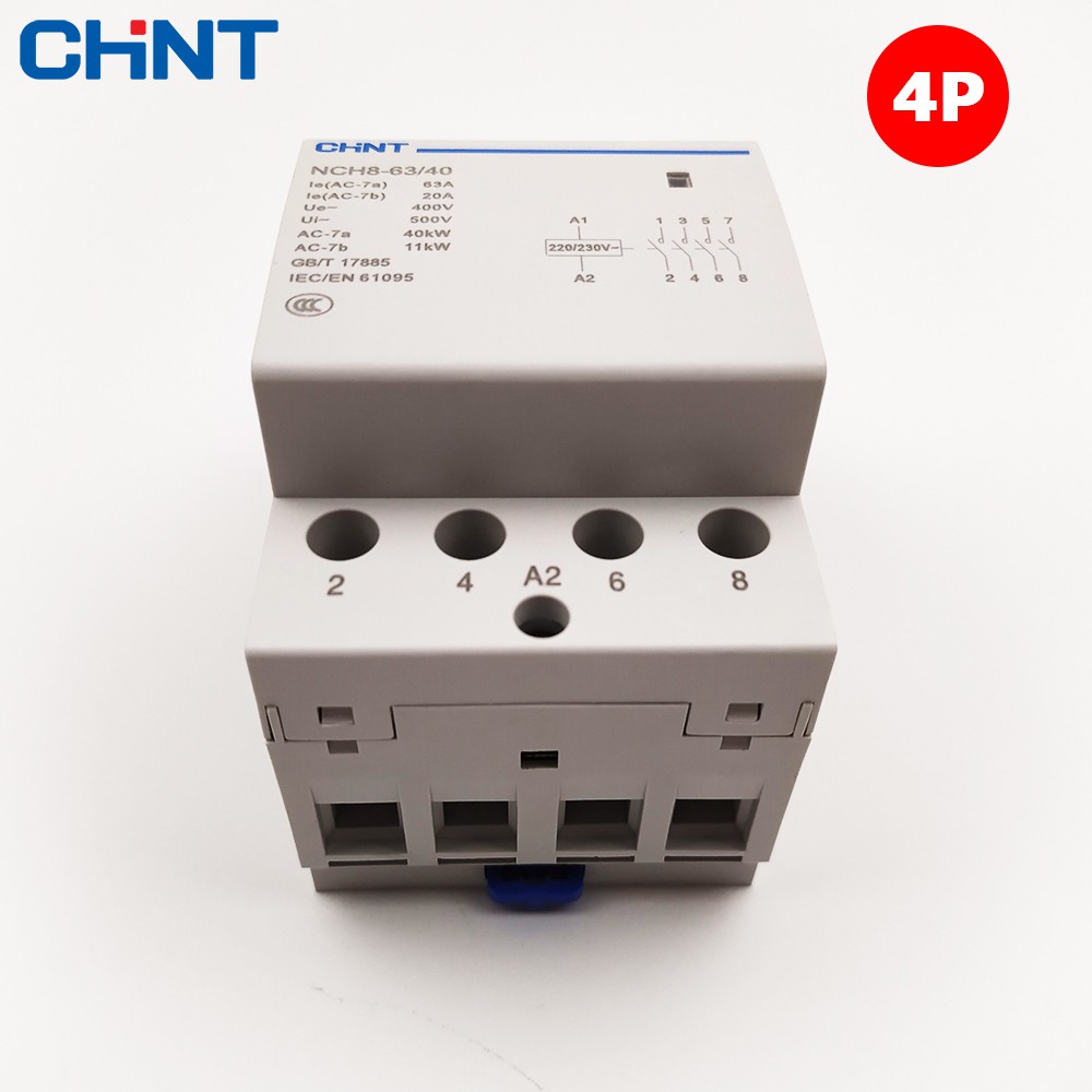 Khởi động từ 4P CHINT NCH8-25/40 NCH8-63/40 25A 63A 220V dùng cho điện 3 pha 380V 4 pha