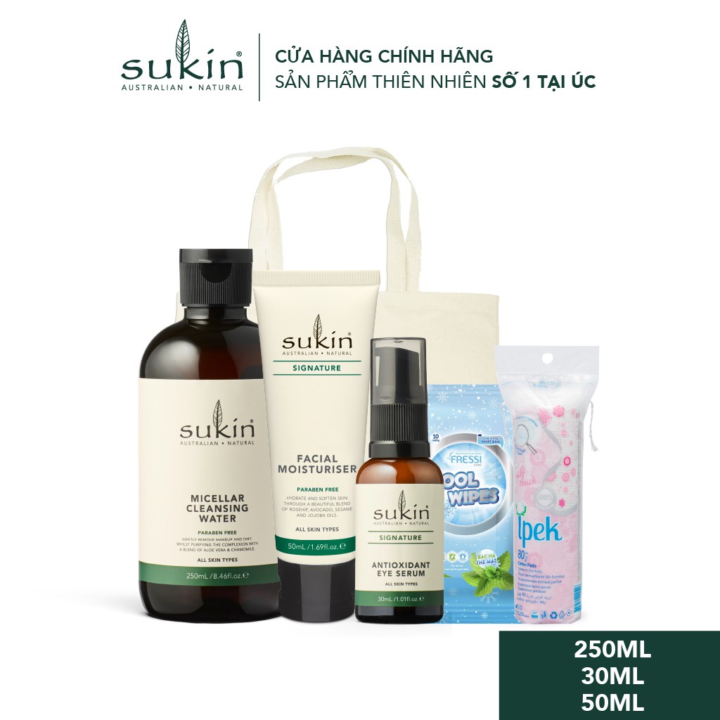 Combo Da Khỏe Căng Mướt Sukin Nước Tẩy Trang 250ml + Tinh Chất Dưỡng Ẩm Mắt 30ml + Kem Dưỡng Ẩm 50ml