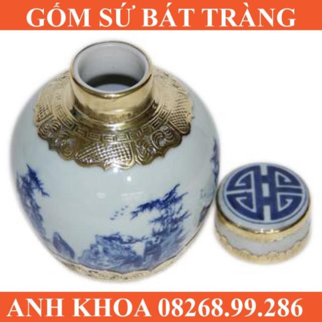 Hộp chè men lam bọc đồng - Gốm sứ Bát Tràng Anh Khoa