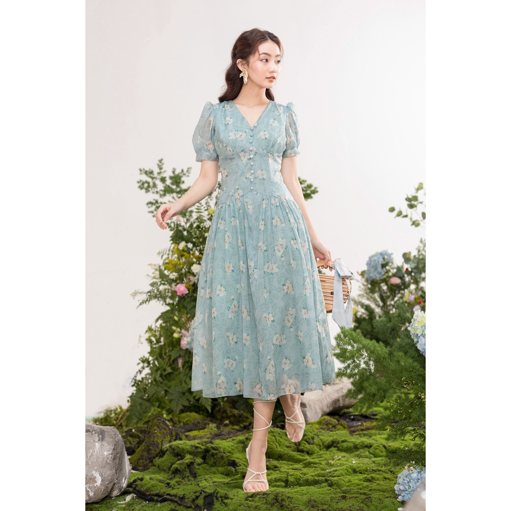 TIELA Đầm váy xanh bạc hà hoa hồng-Jena Dress