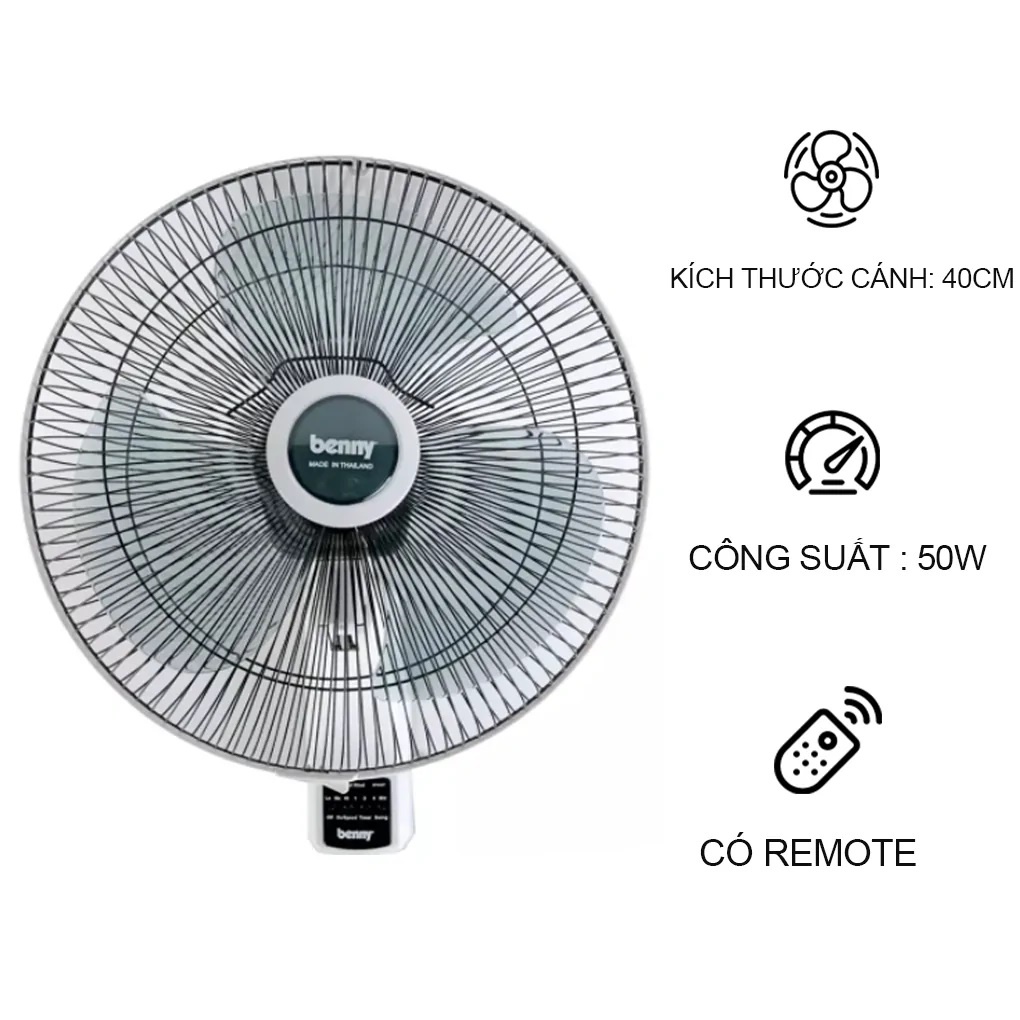 Quạt Treo Tường Benny BFW-48T Có Remote - Màu Trắng - Hàng Chính Hãng - BFW48T / 50W / Cánh 40cm