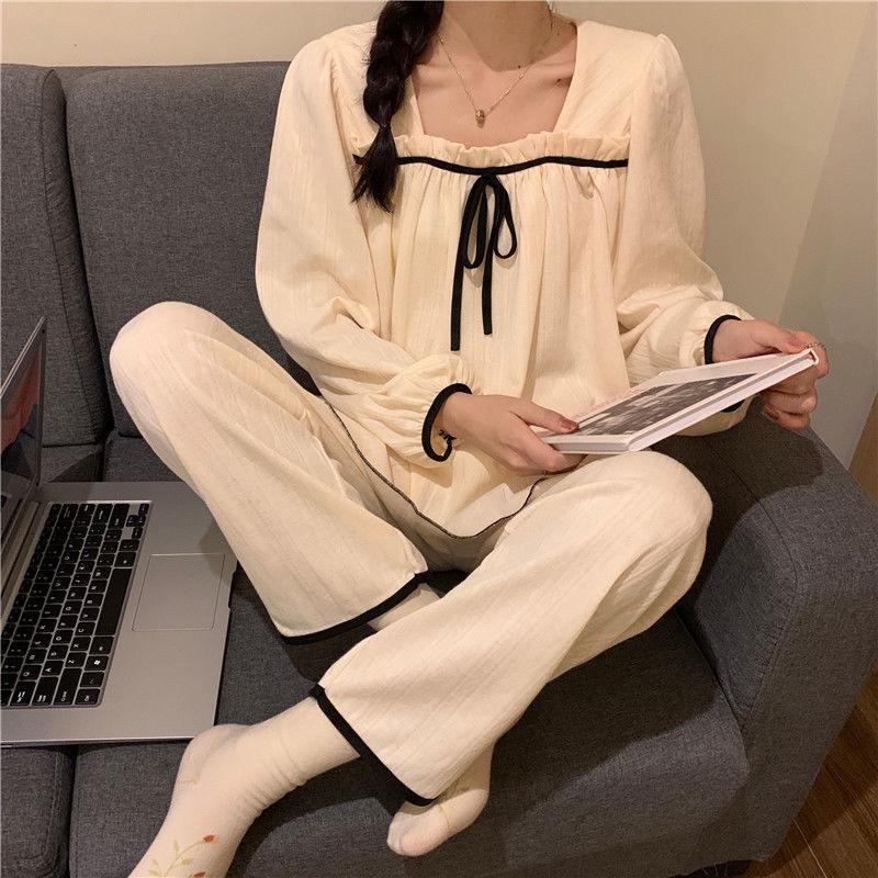 Bộ Đồ Ngủ Tay Dài Phồng Cổ Vuông Dáng Rộng Màu Trắng Dễ Thương Phong Cách Hàn Quốc Cho Nữ | BigBuy360 - bigbuy360.vn