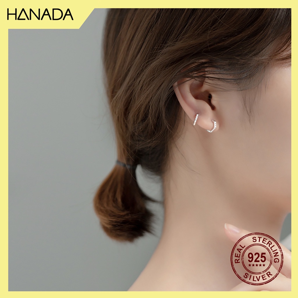 Bông Tai Bạc 925 Hanada Khoen Tròn Lục Giác Đính Đá Nhỏ Đeo vành 0802