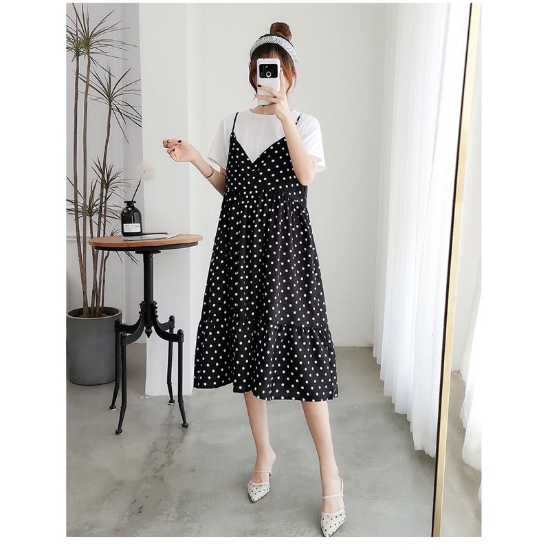 Set Đầm Bầu Thiết Kế TK22 Chấm Bi Đuôi Cá Kết Hợp Áo Phông Lửng Bầu Cực Xinh Xịn, Đẹp Nhẹ Nhàng