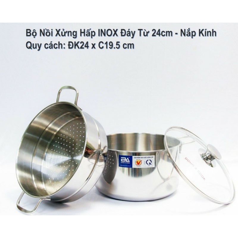 Bộ nồi hấp inox 2 tầng có kèm xửng hấp - đáy từ - bảo hành 1 năm