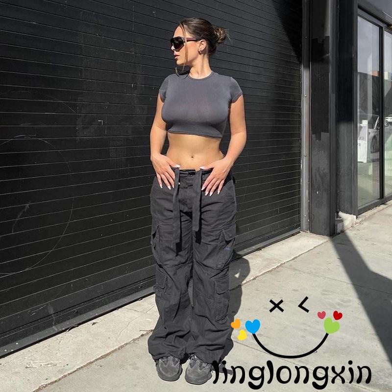Quần Baggy Ống Rộng Lưng Thấp Màu Trơn Phong Cách Vintage Linglongxi2 Có Túi Dành Cho Nữ / Đen / Xanh Lá / Hồng