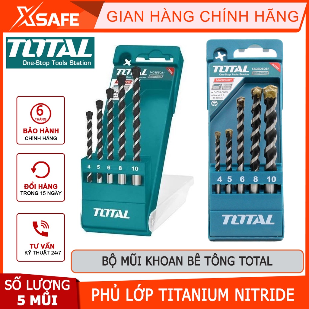 Bộ 5 mũi khoan bê tông TOTAL TACSD5051 5 mũi khoan đuôi trơn 5 mũi có kích thước 5x85, 6x100, 6.5x120, 8x120, 10x120