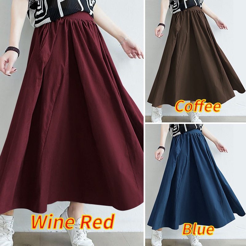 Chân váy dài ZANZEA lưng co giãn màu trơn phong cách Hàn Quốc retro cho nữ